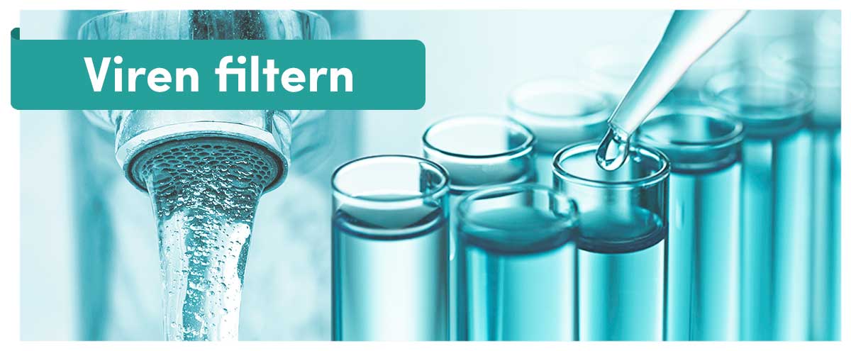 Banner „Viren filtern“ – Wasserhahn mit Strahl neben einer Reihe Reagenzgläser mit Pipettentropfen