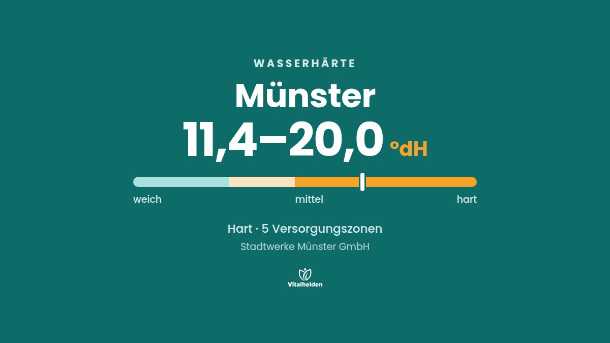Wasserhärte in Münster, 11,4–20,0 °dH, hart, Versorger Stadtwerke Münster GmbH