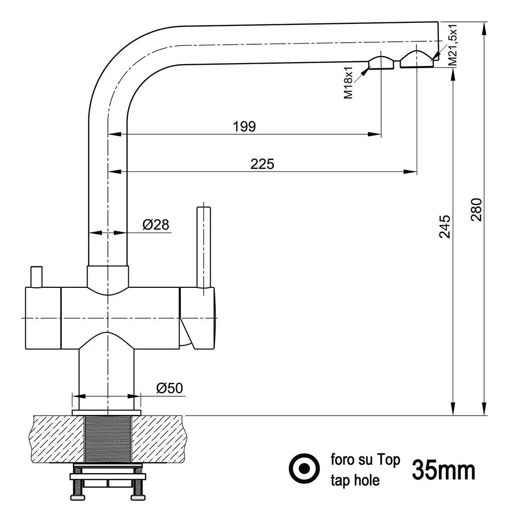 3 Wege Wasserhahn Atessa Edelstahl glänzend niedrig Zeichnung