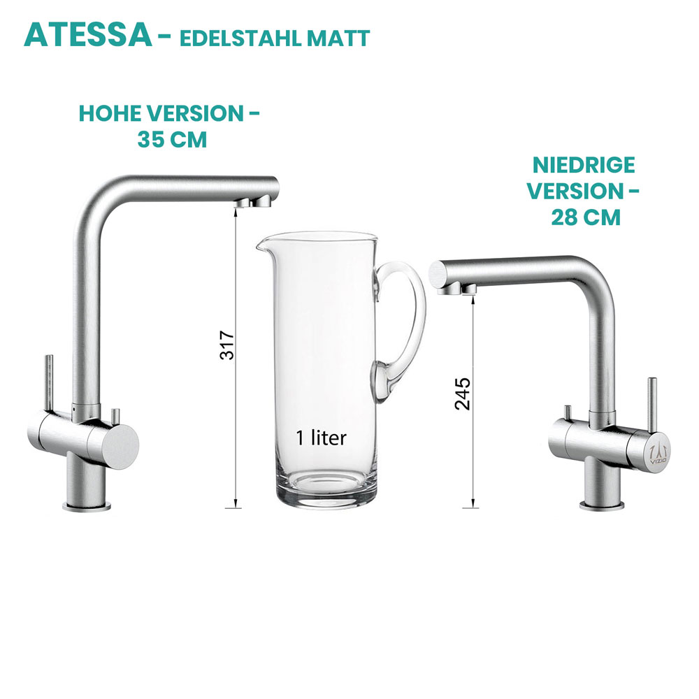 Atessa 3-Wege-Wasserhahn Edelstahl matt Vergleich niedrig und hoch