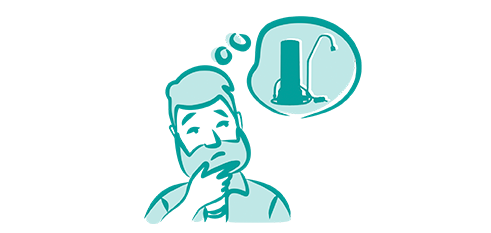 Illustration Mann überlegt welchen Wasserfilter er kaufen soll