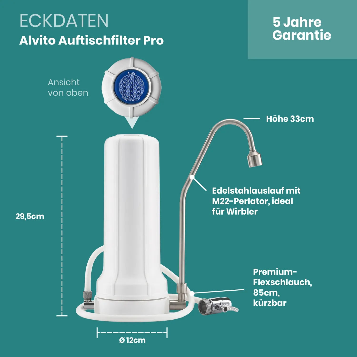 Eckdaten Alvito Auftischfilter Pro: Höhe 29,5 cm, Durchmesser 12 cm, Edelstahlauslauf M22, 85 cm Flexschlauch, 5 Jahre Garantie