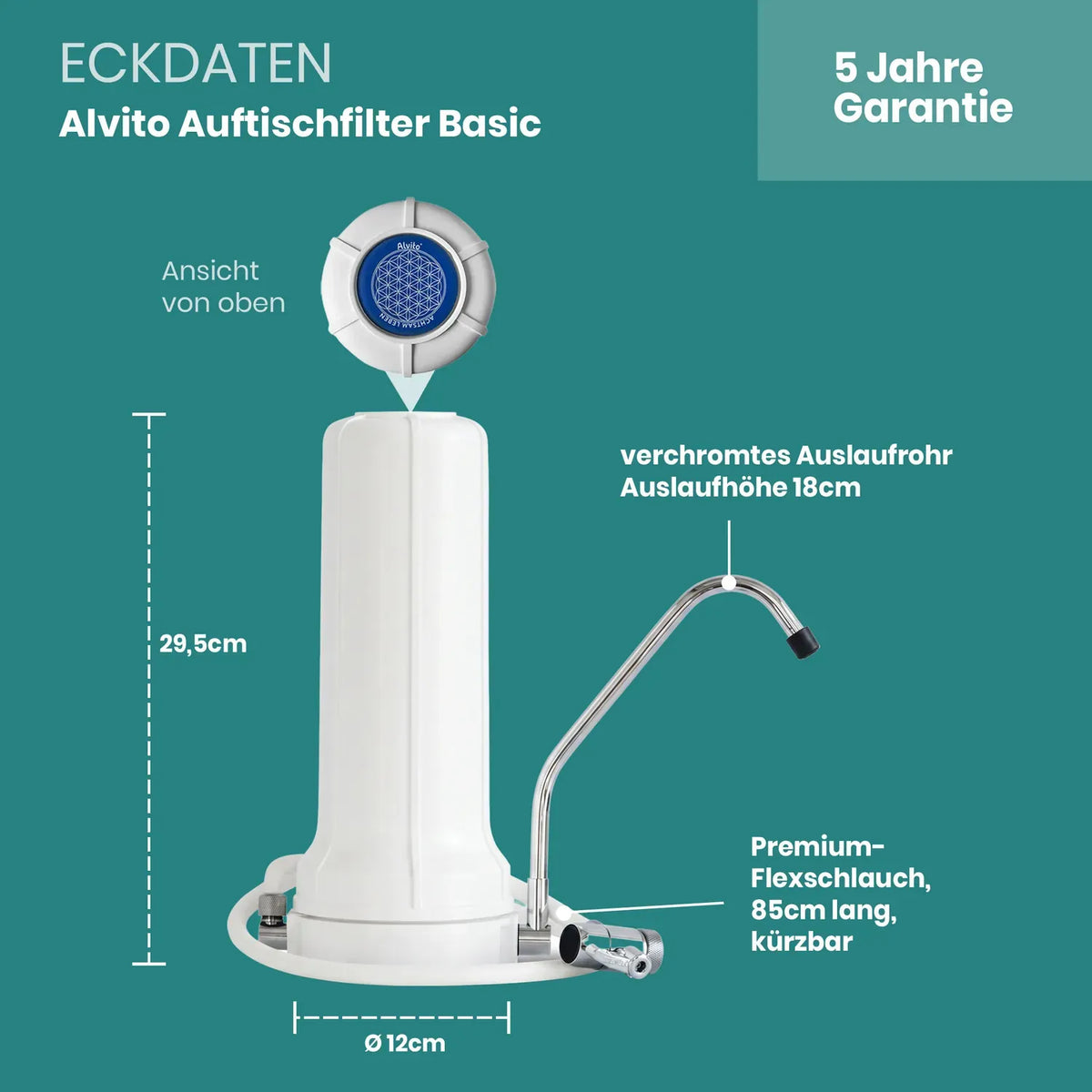 Eckdaten Alvito Auftischfilter Basic – Höhe 29,5 cm, Ø12 cm, verchromtes Auslaufrohr Auslaufhöhe 18 cm, Flexschlauch 85 cm kürzbar, 5 Jahre Garantie