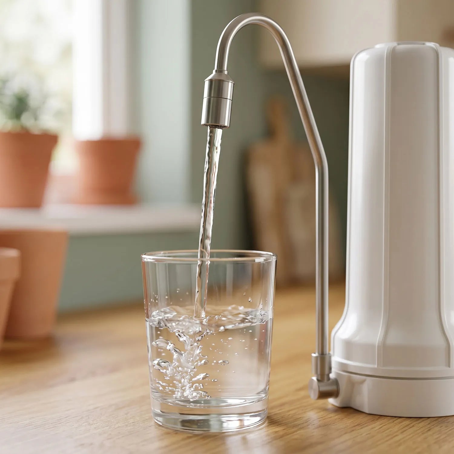Gefiltertes Wasser fließt aus dem Edelstahlauslauf des Alvito Auftischfilters in ein klares Glas auf einem Holztisch – warme Küche mit Terrakotta-Töpfen am Fenster und grüner Wandfarbe im Hintergrund