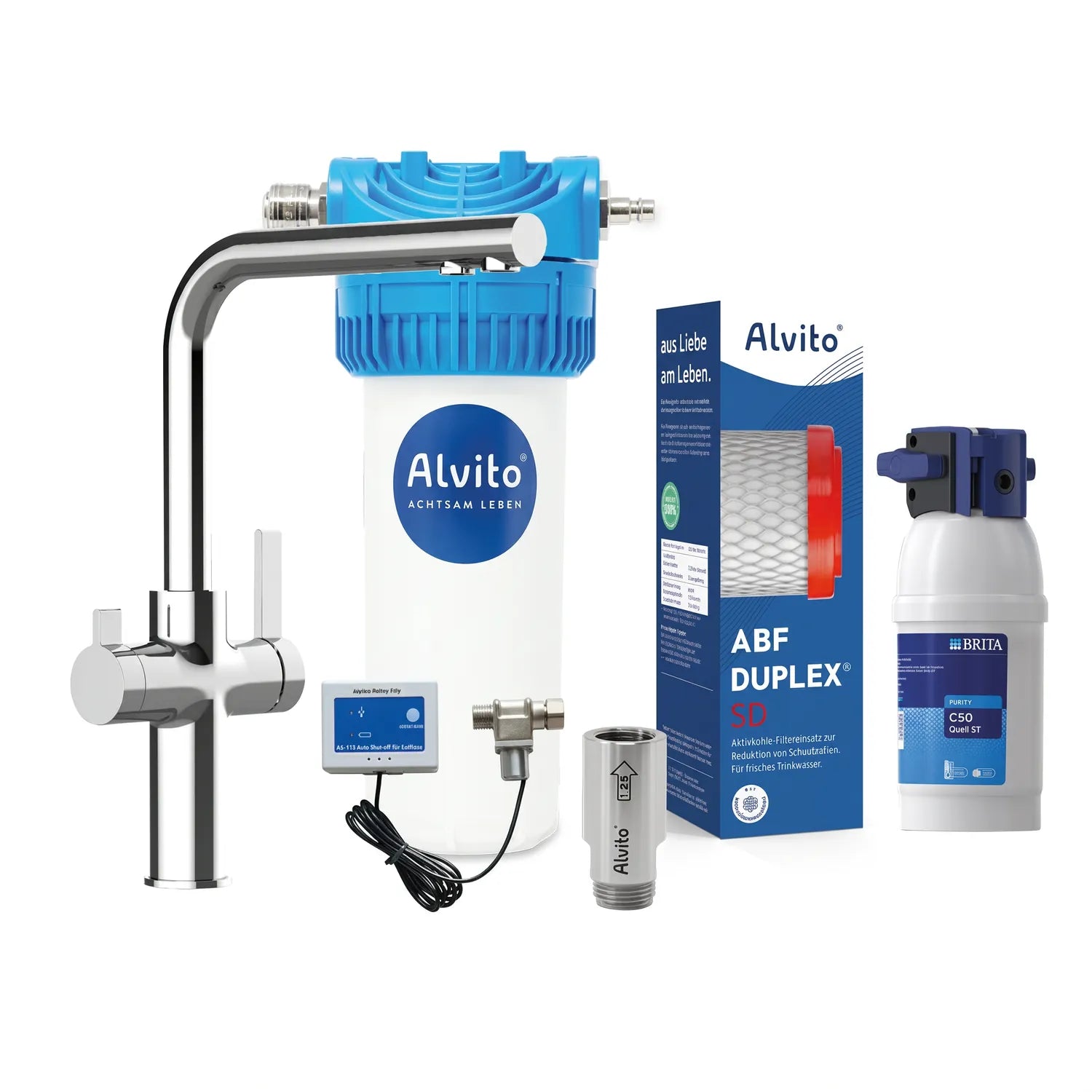 Einbaufilter Set Integral Complete freigestellt – Alvito Filtergehäuse (blau/weiß) mit AS-413 Modul, Chrom-4-Wegehahn (Paola Neo, L-Auslauf), Inline-Wirbler, ABF Duplex SD Kartusche (rote Kappen) mit Karton, Brita Purity C50 Quell; grauer Hintergrund
