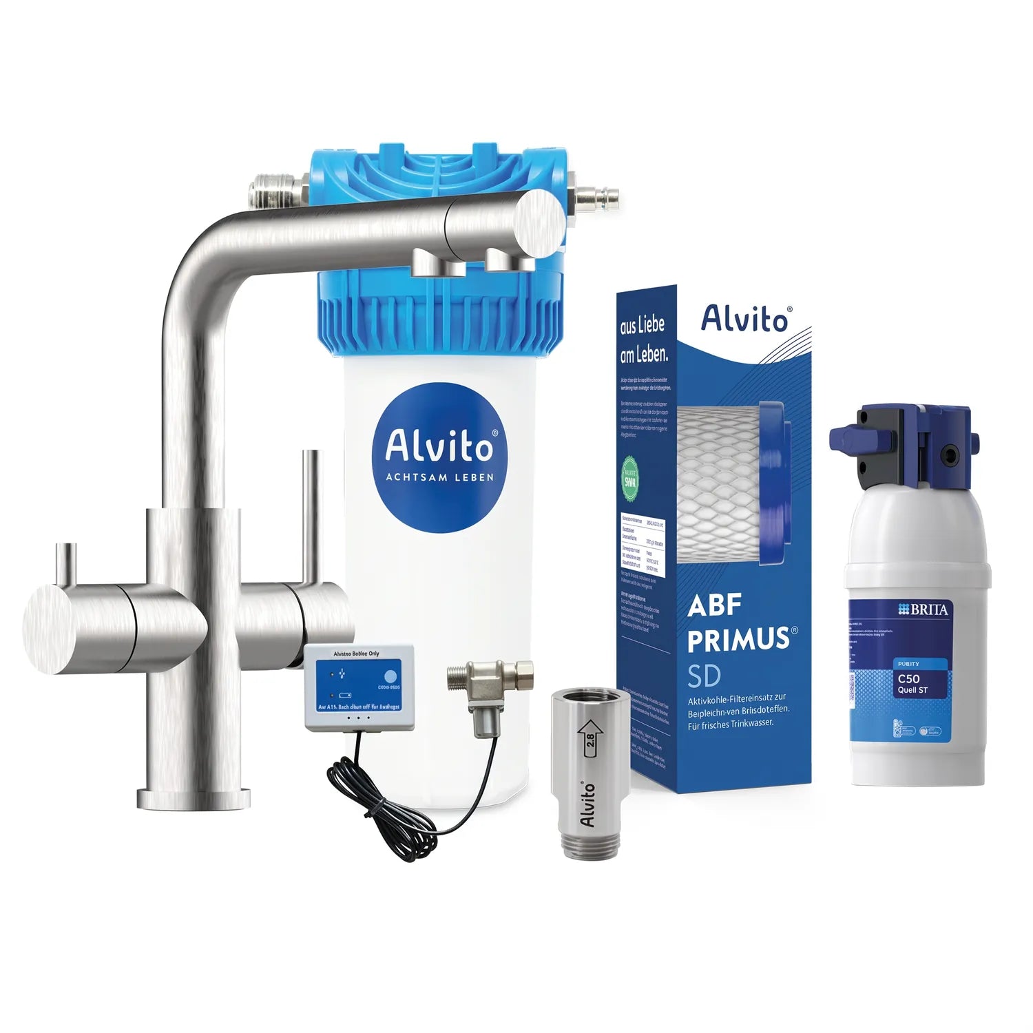 Einbaufilter Set Integral Premium freigestellt – Alvito Filtergehäuse mit AS-413 Modul, gebürsteter Edelstahl-4-Wegehahn mit Auszieh-Brause (Calabro), Inline-Wirbler, ABF Primus SD Kartusche (blaue Kappen) mit Karton, Brita Purity C50 Quell; grauer Hintergrund