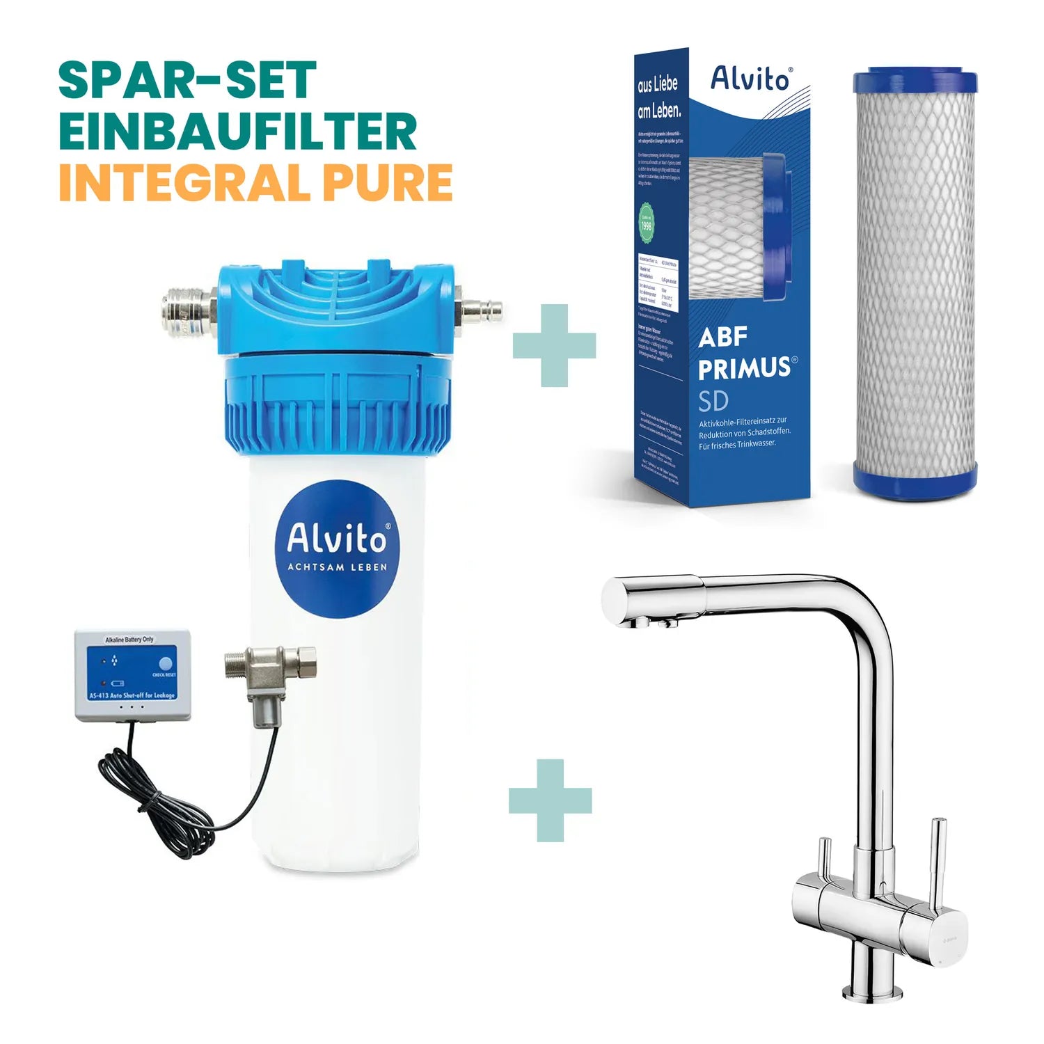 Spar-Set Einbaufilter Integral Pure – Alvito Filtergehäuse mit AS-413 Wasserstop, ABF Primus SD Filtereinsatz (blaue Endkappen) und Chrom-3-Wegehahn (Basico L, L-Auslauf); ohne Inline-Wirbler und Kalkfilter