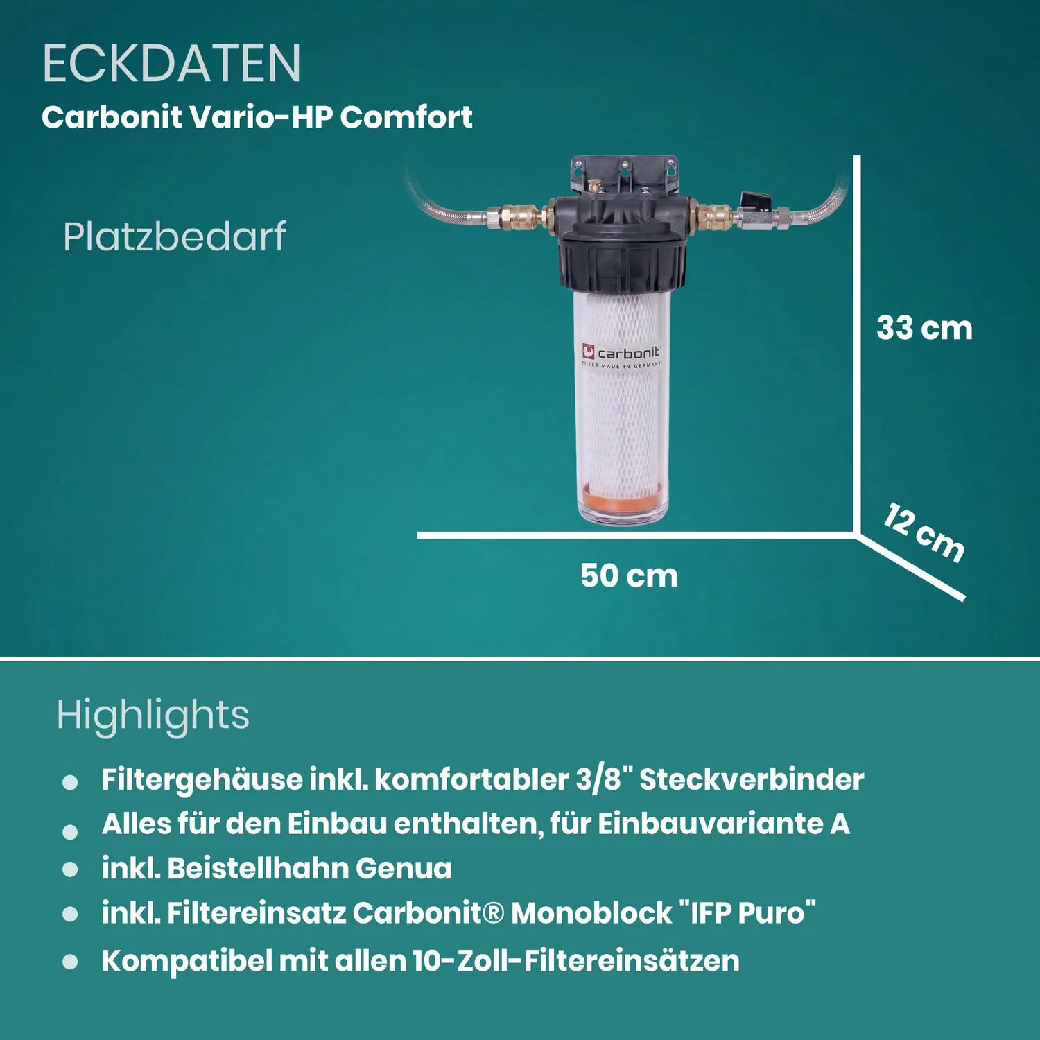 Eckdaten Carbonit Vario-HP Comfort Einbaufilter – Platzbedarf 50 cm breit, 33 cm hoch, 12 cm tief; Highlights: 3/8″-Steckverbinder, alles für Einbauvariante A enthalten, inkl. Beistellhahn Genua, inkl. IFP-Puro-Filtereinsatz, kompatibel mit allen 10-Zoll-Filtereinsätzen