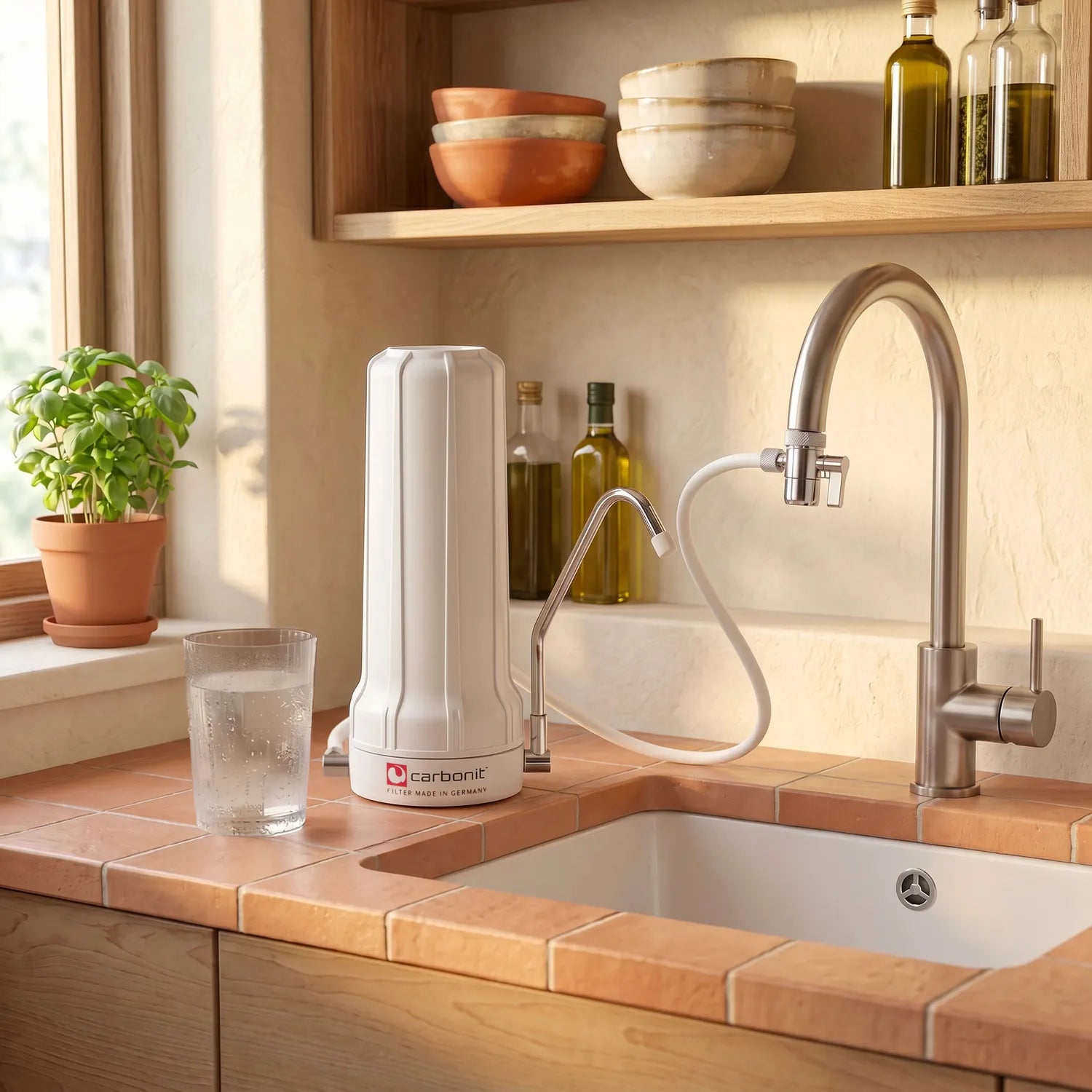 Carbonit Sanuno Classic Auftischfilter weiß in moderner Küche – Lifestyle-Aufnahme mit Glaskaraffe und Küchenhahn