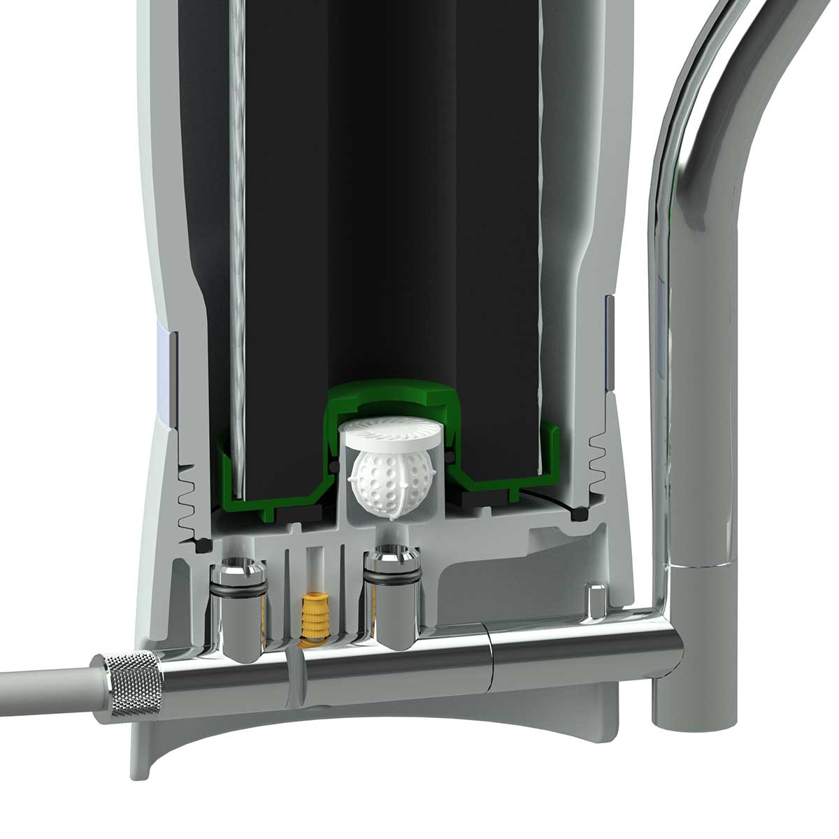 Querschnitt Carbonit Sanuno Grande Auftischfilter: Innenansicht mit Verwirbler, Umlenkventil und Anschlussblock in Detaildarstellung