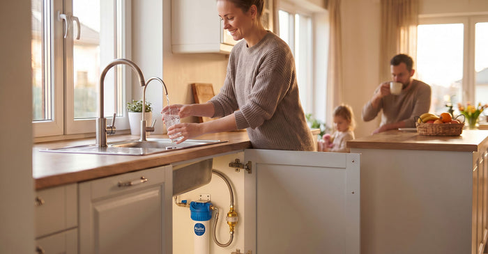 Frau füllt Wasserglas am Spülbecken, Alvito Einbaufilter im offenen Unterschrank sichtbar – junge Familie im Hintergrund