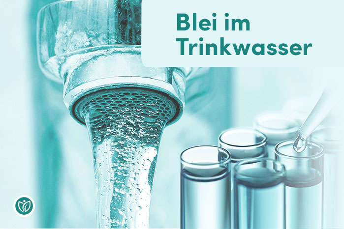 Blei im Trinkwasser – Schriftzug über Wasserstrahl aus dem Hahn und Glasröhrchen