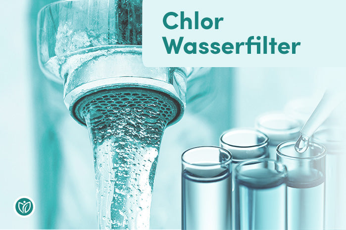 Chlor Wasserfilter – Titelgrafik mit sprudelndem Wasserhahn und Pipette über Reagenzgläsern