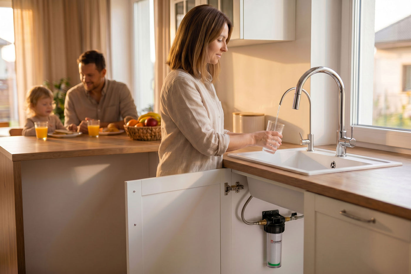 Frau befüllt Glas am Küchenhahn, Carbonit Wasserfilter im Unterschrank, Familie frühstückt