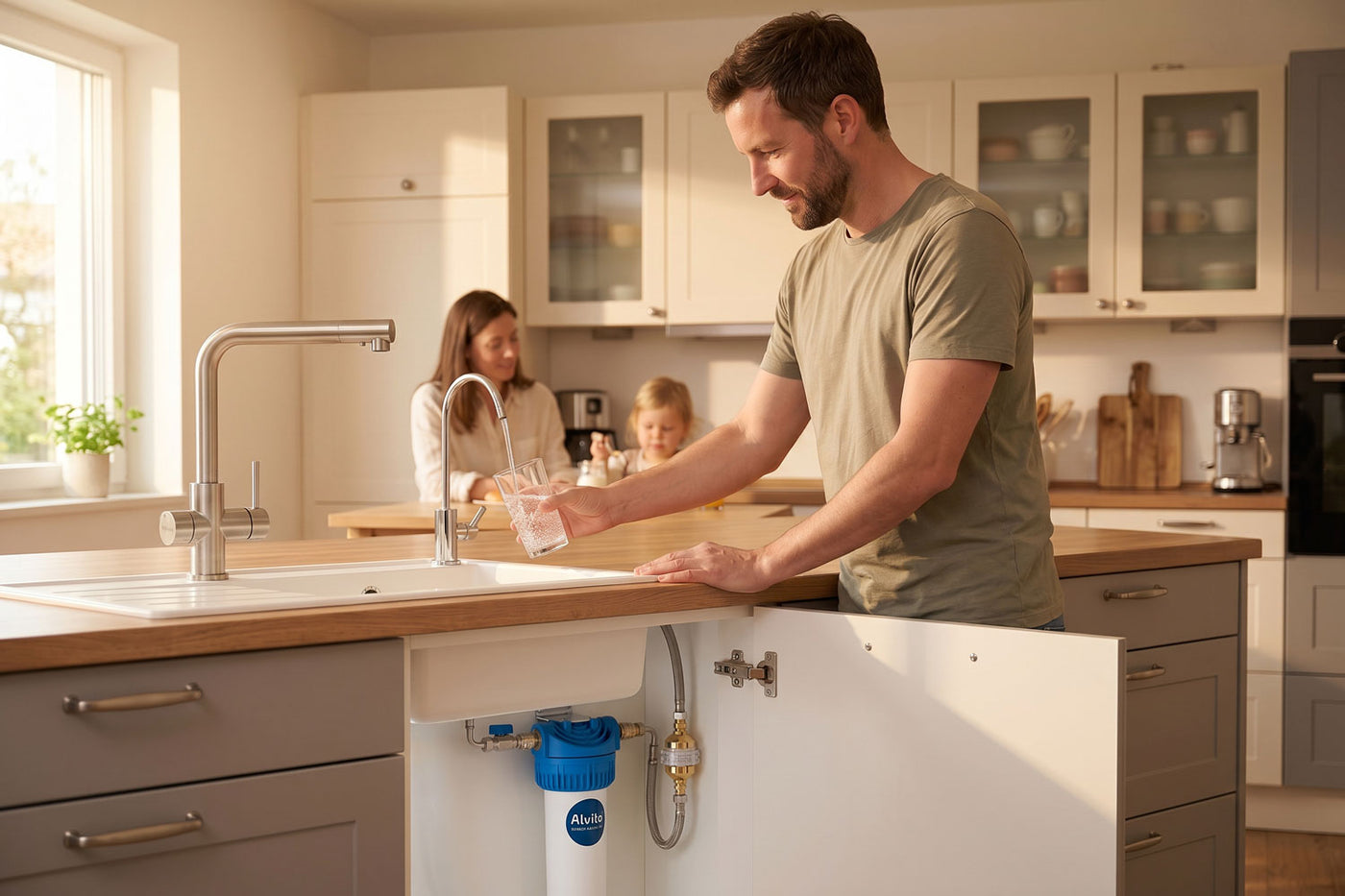 Mann befüllt Glas, Alvito Wasserfiltergerät im Unterschrank sichtbar, Familie im hellen Küchenraum