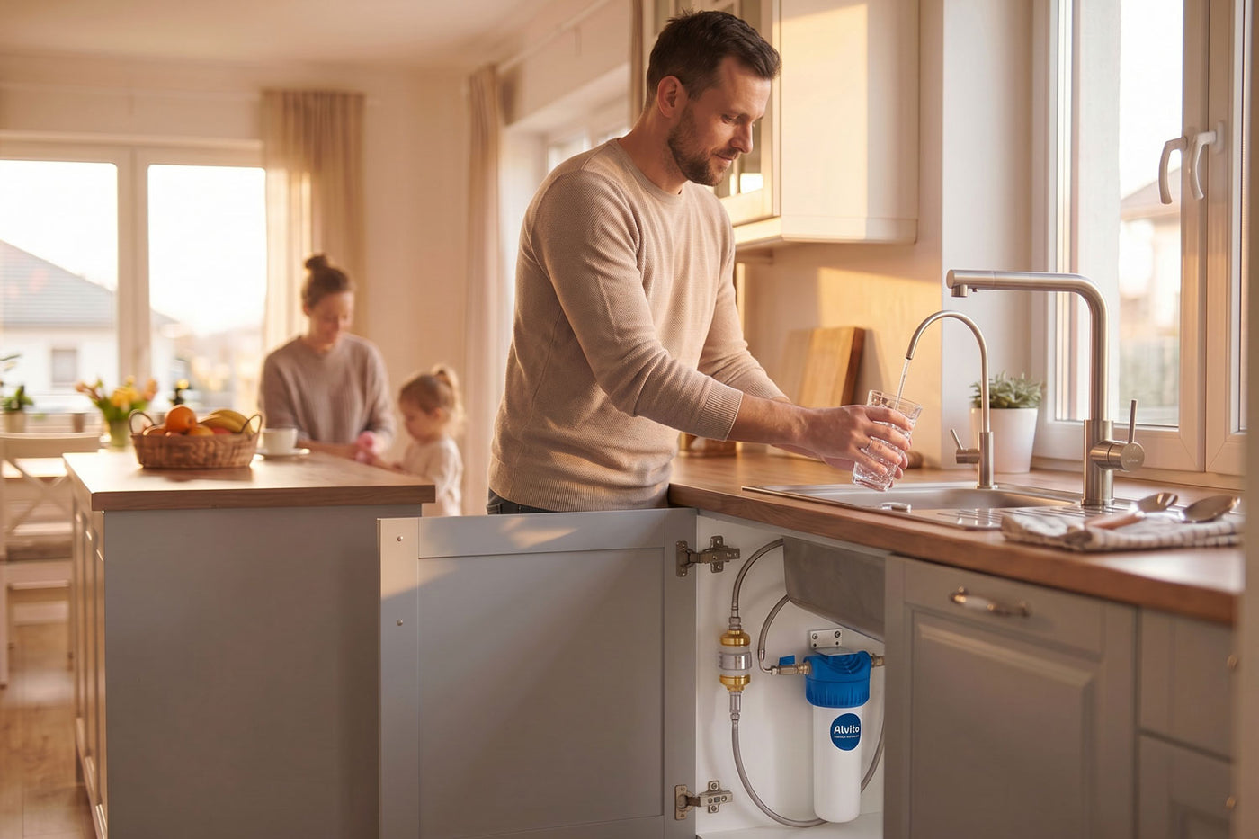 Mann befüllt Glas am Hahn, Alvito Wasserreiniger-Anlage sichtbar im Unterschrank, warme Familienküche