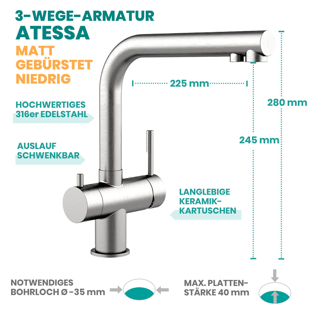 Atessa 3-Wege-Wasserhahn niedrig Edelstahl matt Eigenschaften