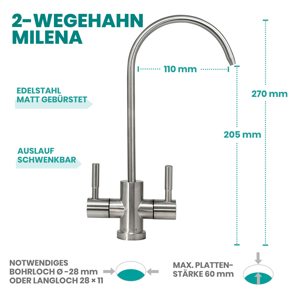 2-Wege Wasserhahn Milena aus Edelstahl mit Eigenschaften