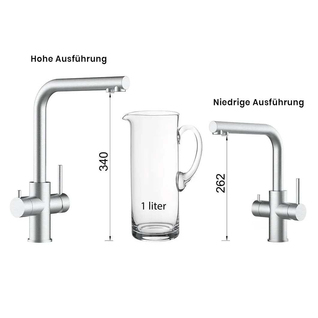 5-Wege-Armatur Lago Edelstahl glänzend – Größenvergleich niedrig und hoch