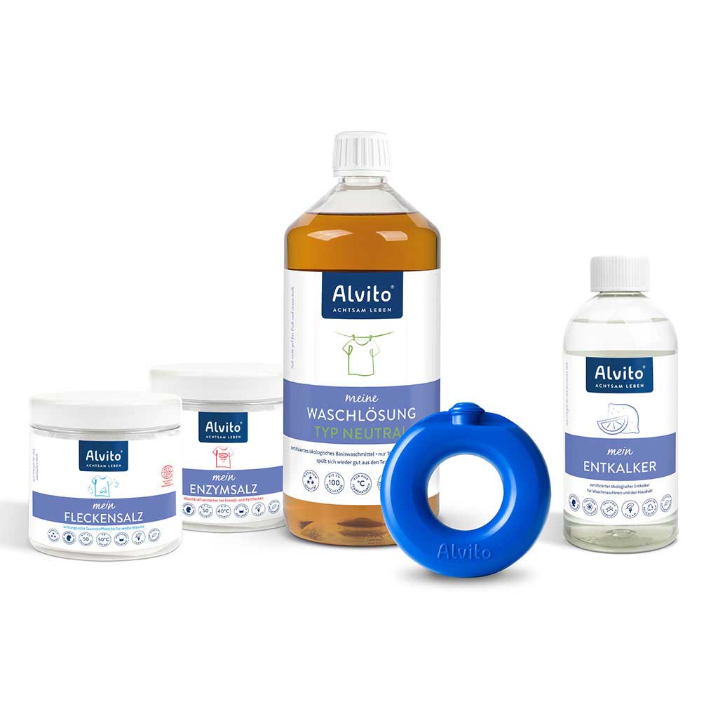 Alvito Waschsystem Komplett-Set mit Waschlösung, Waschring, Flecken- und Enzymsalz und Entkalker