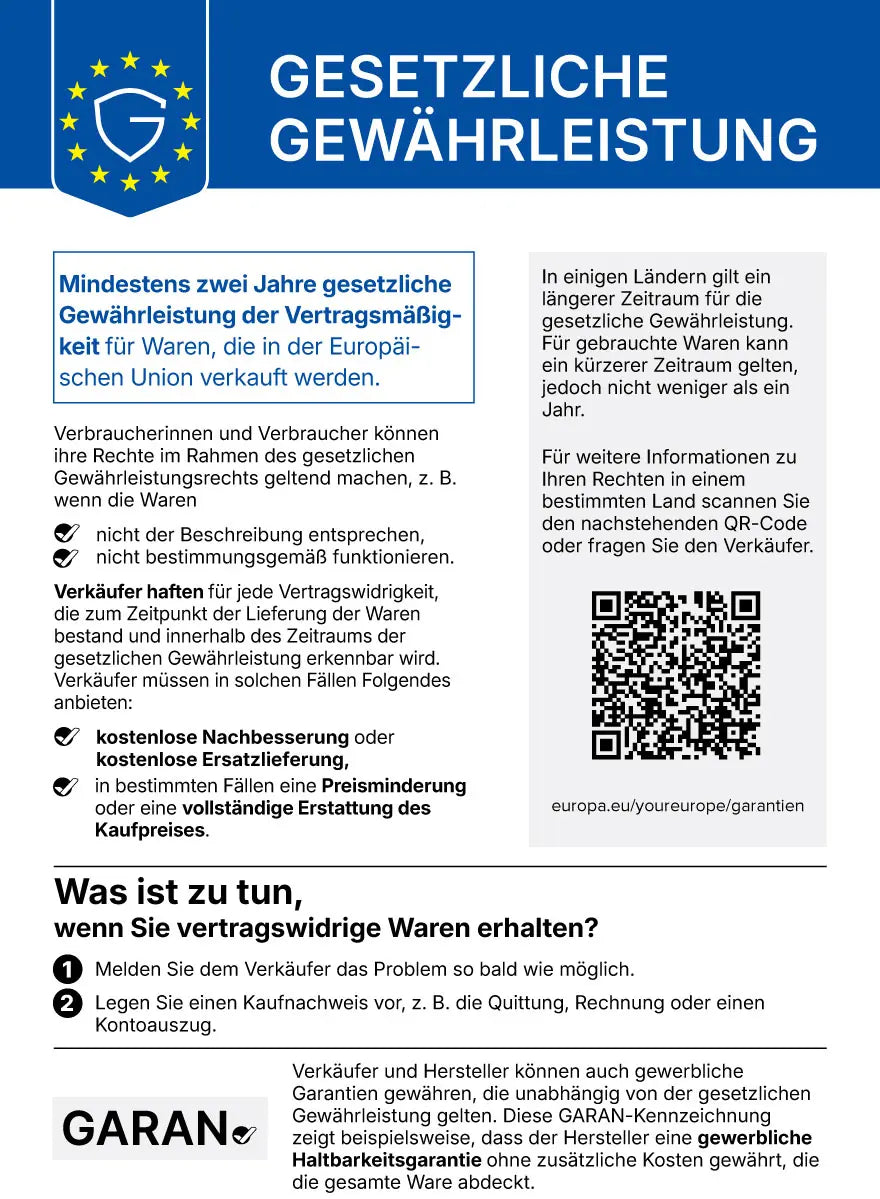 EU-Hinweis zur gesetzlichen Gewährleistung: Als Verbraucher haben Sie ein gesetzliches Recht auf Gewährleistung.
