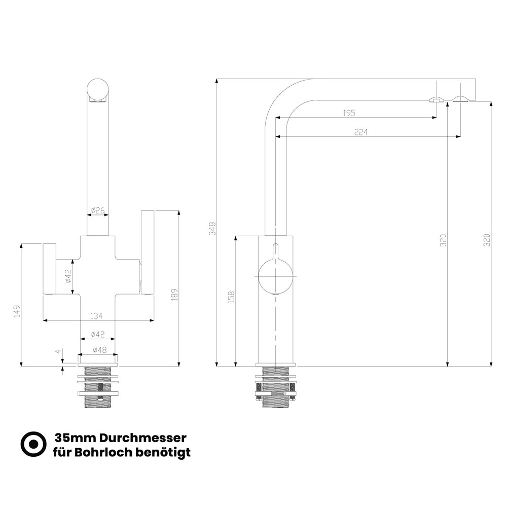 Niederdruck Paola Neo Black 3-Wege-Wasserhahn_Massangaben_Zeichnung