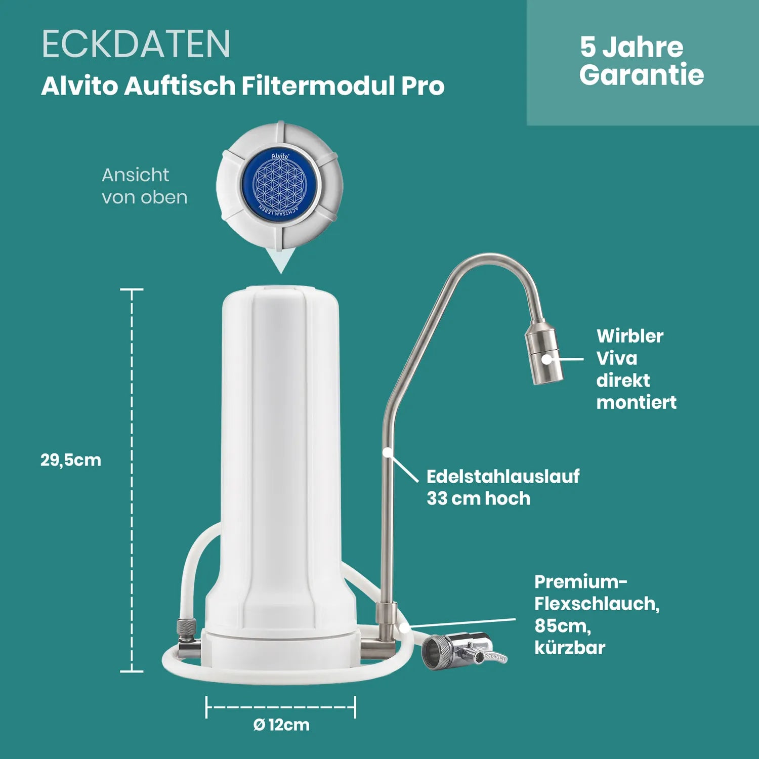 Eckdaten Alvito Auftischfilter Pro Filtermodul – Höhe 29,5 cm, Ø12 cm, Edelstahlauslauf 33 cm hoch mit Wirbler Viva direkt montiert, Flexschlauch 85 cm kürzbar, 5 Jahre Garantie