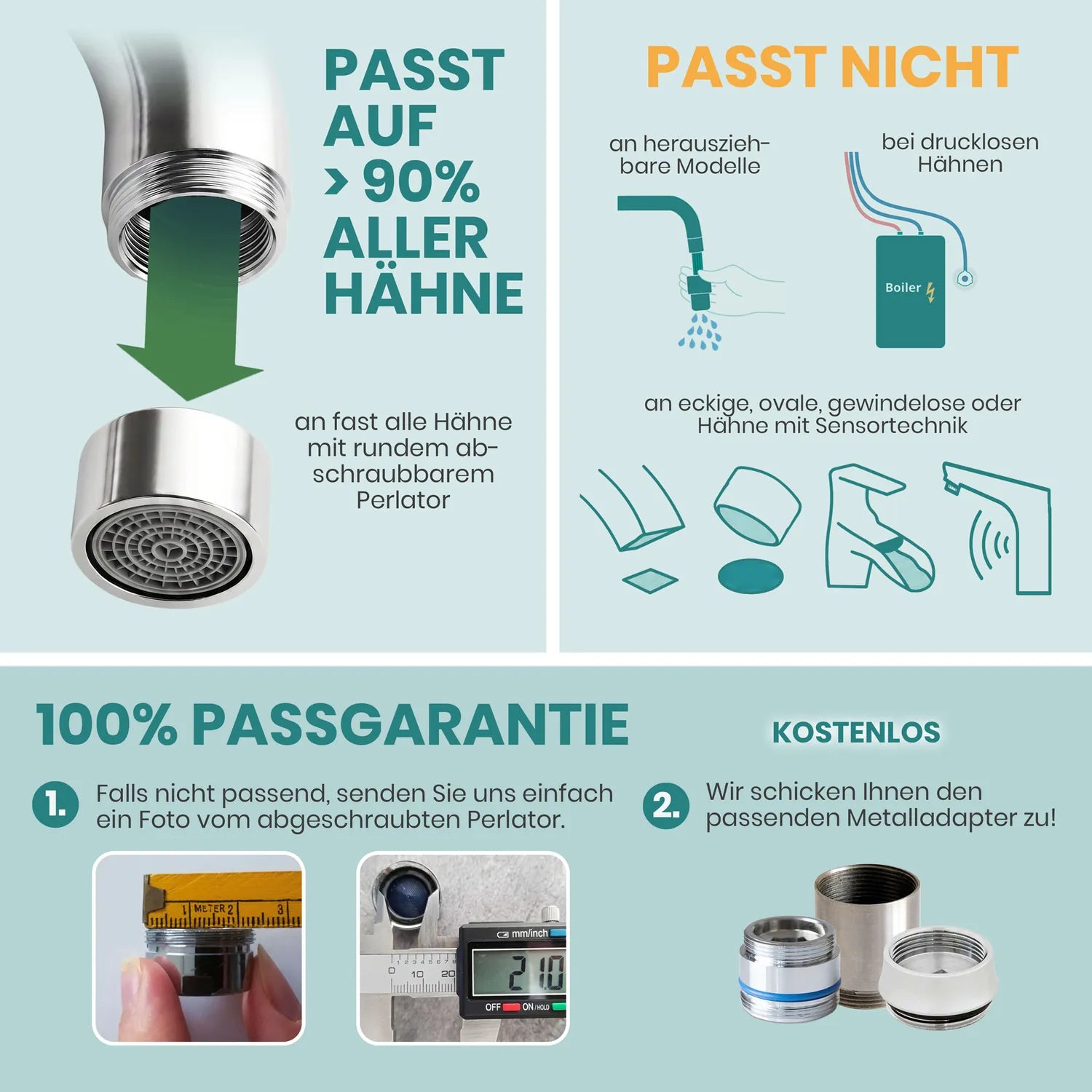Infografik: Auftischfilter passt auf über 90 % aller Hähne – 100 % Passgarantie, kostenloser Metalladapter bei Nichtpassen