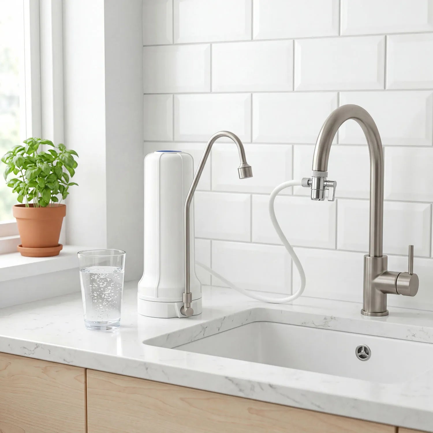 Alvito Auftischfilter Pro weiß auf Marmorarbeitsplatte in heller Küche mit Basilikum, Glas Wasser und Edelstahlhahn – Gesamtansicht