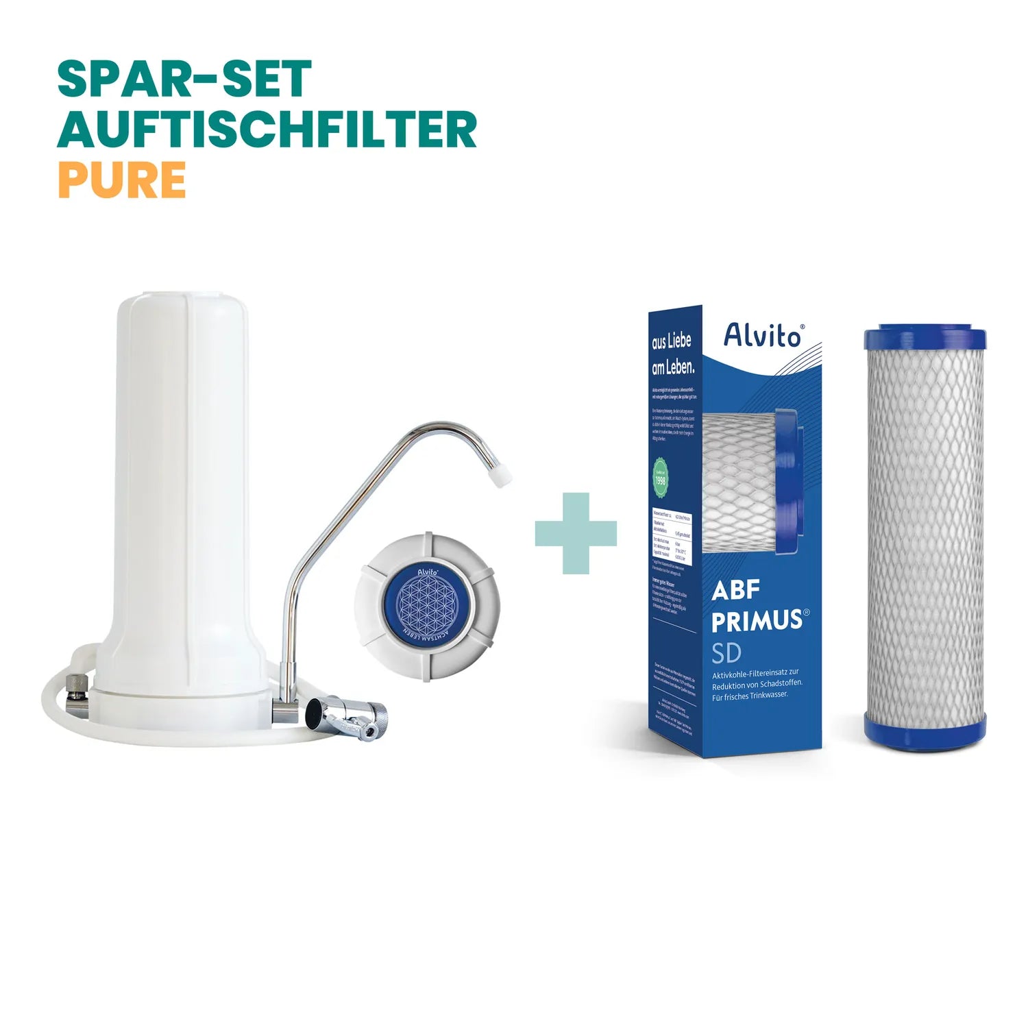 Spar-Set Auftischfilter Pure – weißer Alvito Auftischfilter mit verchromtem Auslauf und blauer Alvito-Disc, ABF Primus SD Karton und loser Filtereinsatz, auf weißem Hintergrund