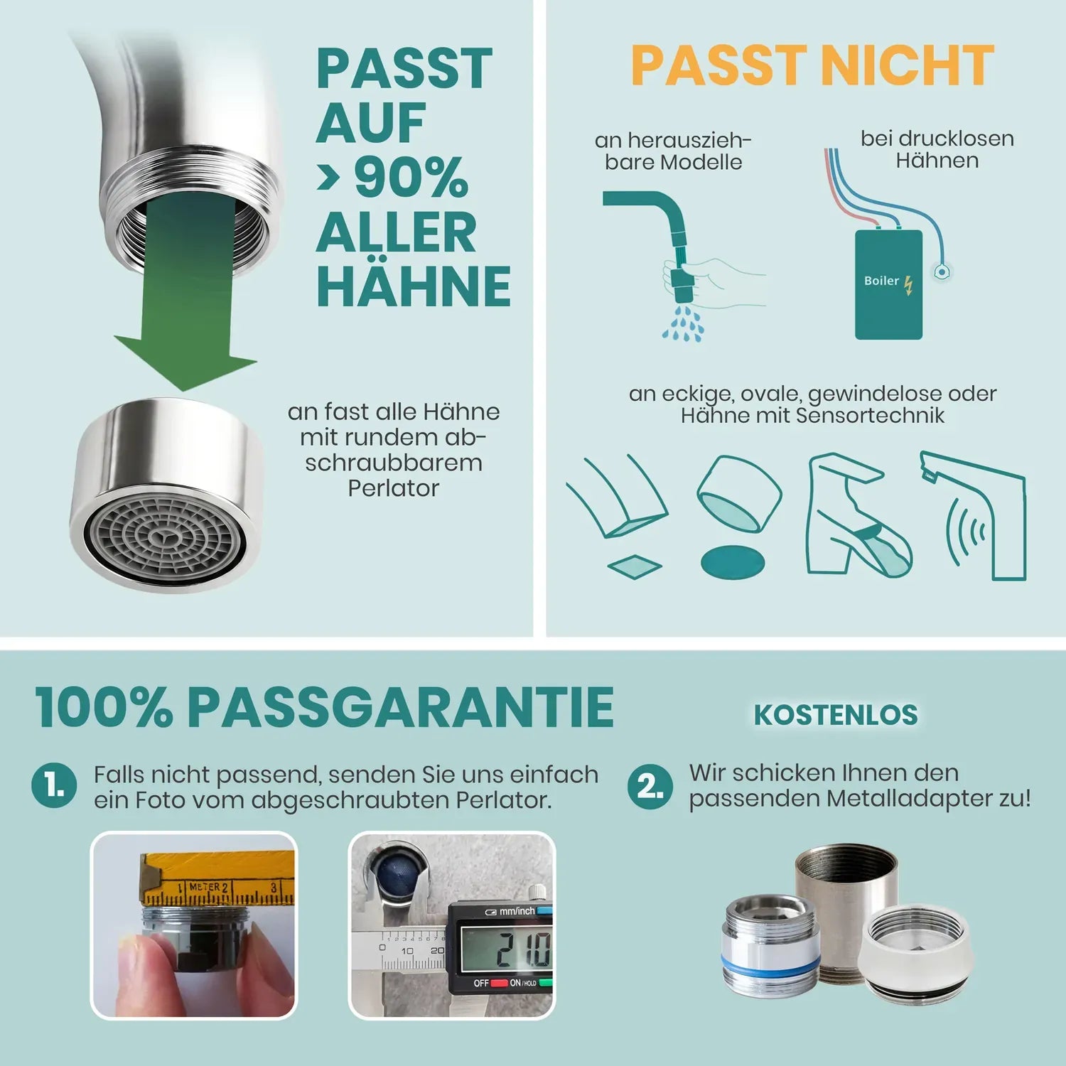 Adapter-Infografik Auftischfilter – passt auf über 90 % aller Hähne mit rundem Perlator; nicht geeignet für herausziehbare Modelle, drucklose Boiler oder Sensortechnik; 100 % Passgarantie inklusive