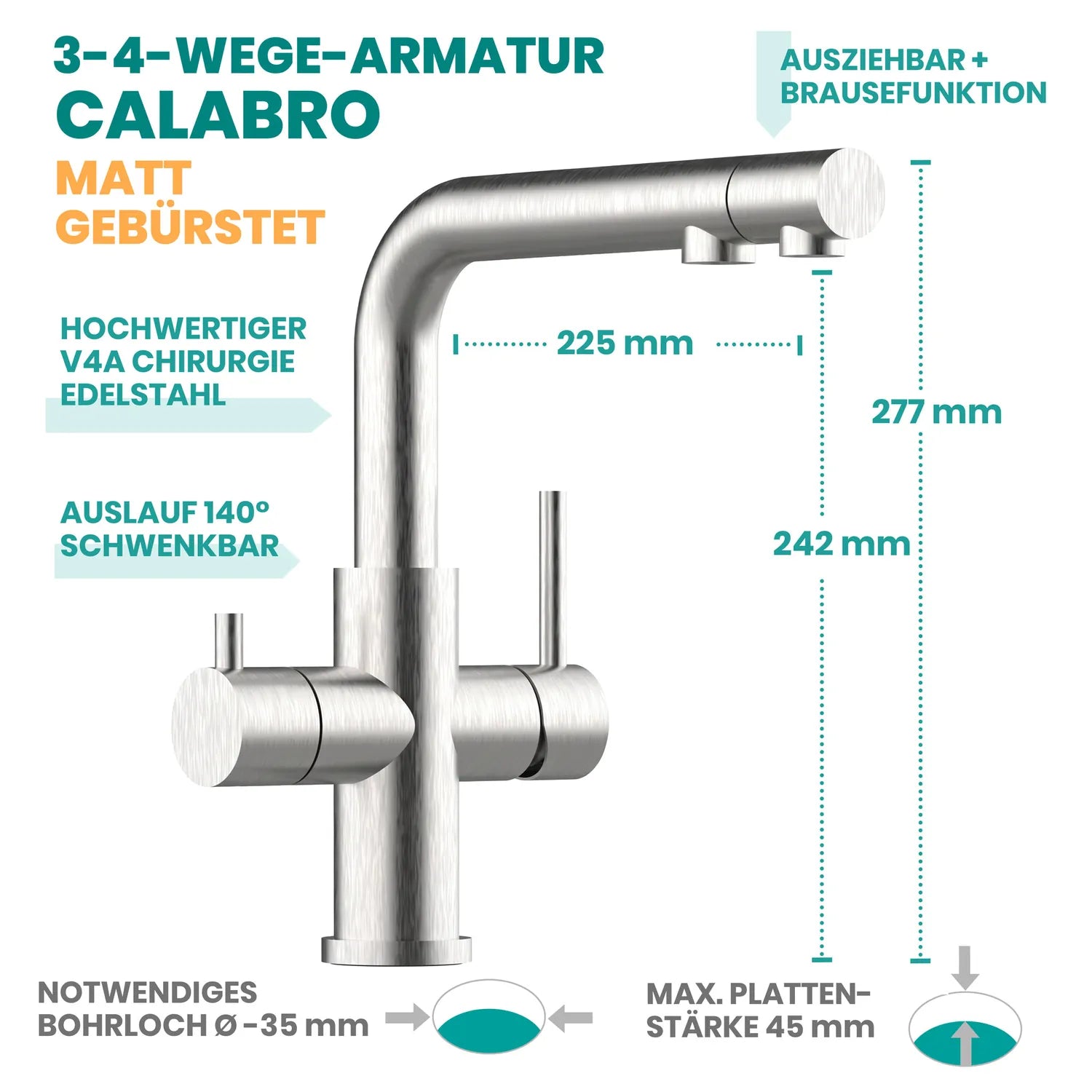 3/4-Wege-Armatur Calabro – hochwertiger V4A Chirurgie-Edelstahl matt gebürstet, ausziehbarer Auslauf mit Brausefunktion, 140° schwenkbar, 277 mm hoch, 225 mm Reichweite, Einbauloch 35 mm, max. Arbeitsplattendicke 45 mm