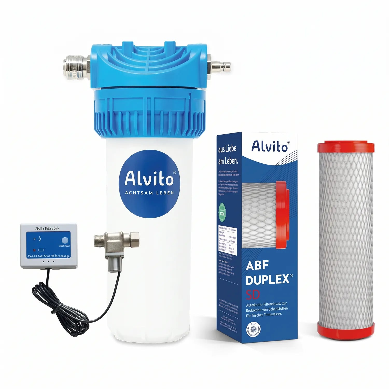 Einbaufilter Set Smart Direct freigestellt – Alvito Filtergehäuse (blau/weiß) mit AS-413 Modul und ABF Duplex SD Kartusche (rote Kappen) neben Karton; minimaler Lieferumfang ohne Hahn und Wirbler; weißer Hintergrund