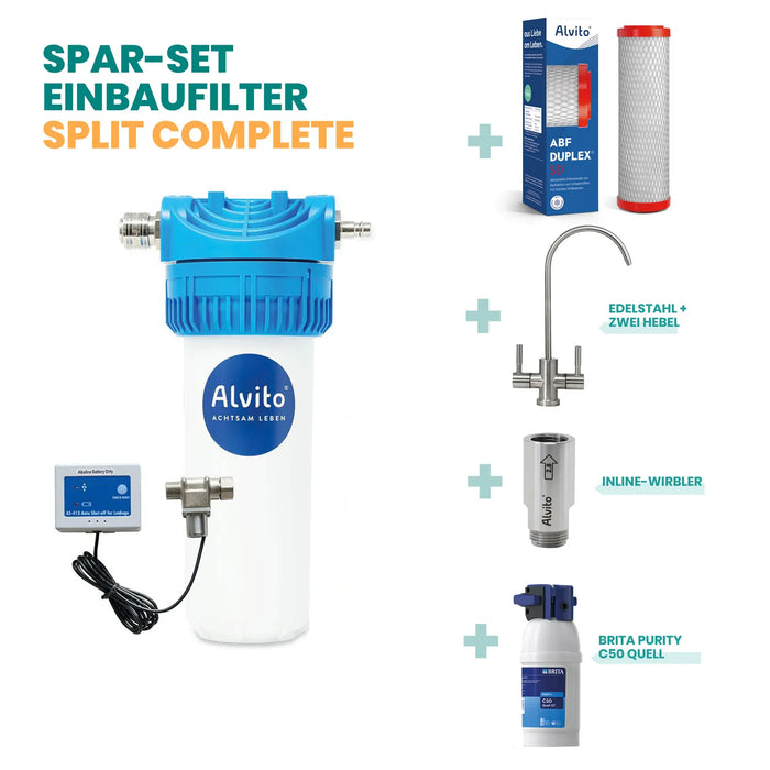 Spar-Set Einbaufilter Split Complete – Alvito Filtergehäuse mit AS-413 Wasserstop, ABF Duplex SD Filtereinsatz (rote Endkappen, mit Karton), Edelstahl-Beistellhahn mit zwei Hebeln (Milena), Inline-Wirbler und Brita Purity C50 Quell Kalkfilter