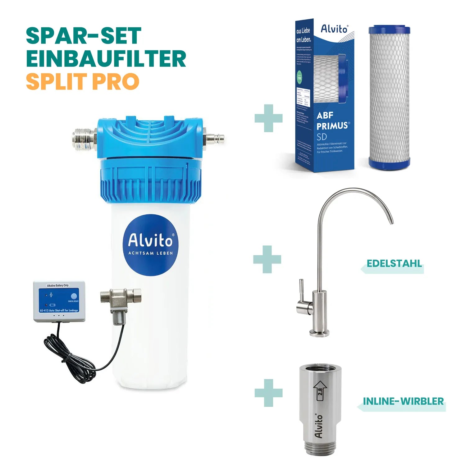 Spar-Set Einbaufilter Split Pro – Alvito Filtergehäuse mit AS-413 Wasserstop, ABF Primus SD Filtereinsatz (blaue Endkappen, mit Karton), Edelstahl-Beistellhahn mit einem Hebel (Genua Inox) und Inline-Wirbler 