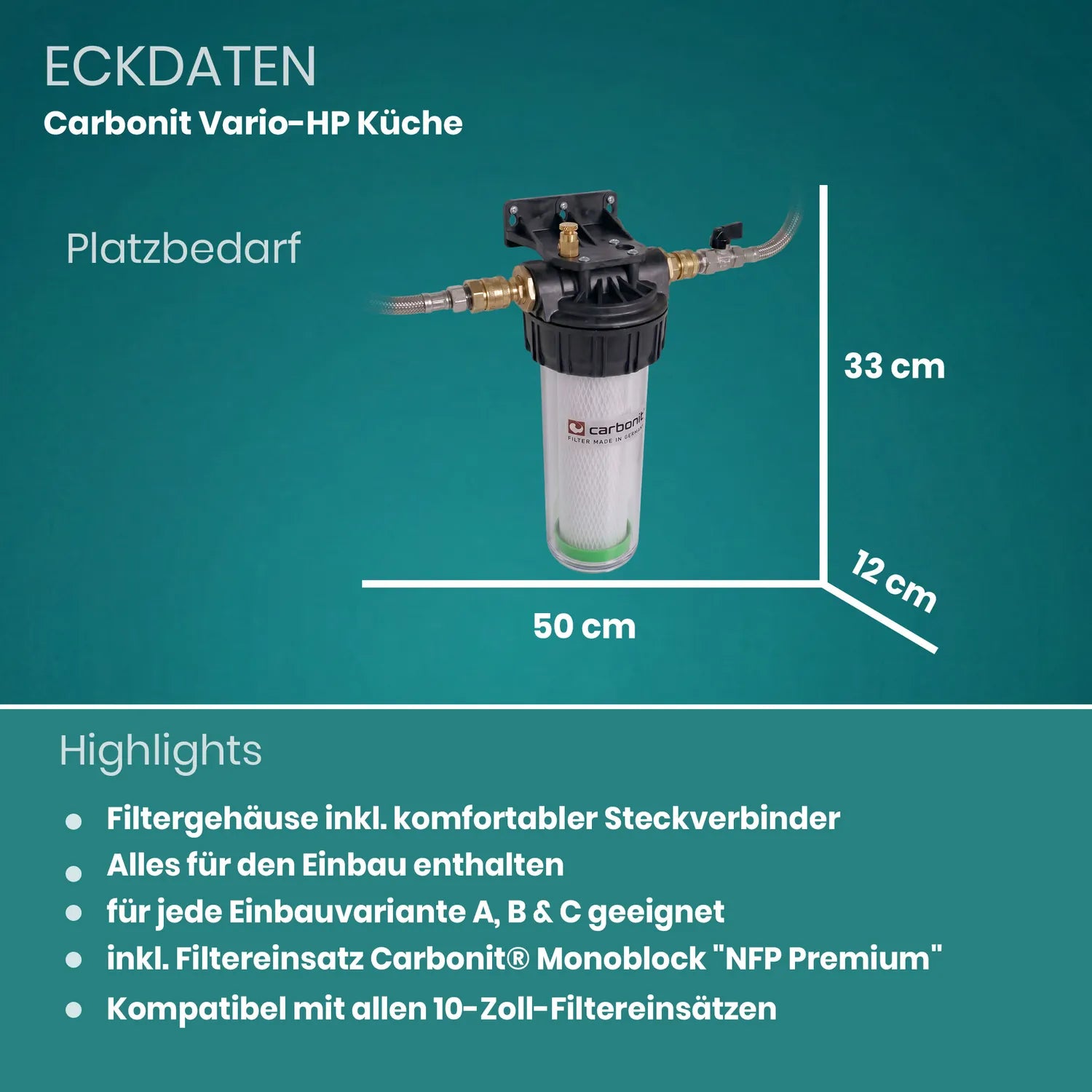 Eckdaten Carbonit Vario-HP Küche Einbaufilter – Platzbedarf 50 cm breit, 33 cm hoch, 12 cm tief; Highlights: Steckverbinder, alles für Einbauvarianten A, B & C enthalten, inkl. NFP-Premium-Filtereinsatz, kompatibel mit allen 10-Zoll-Filtereinsätzen