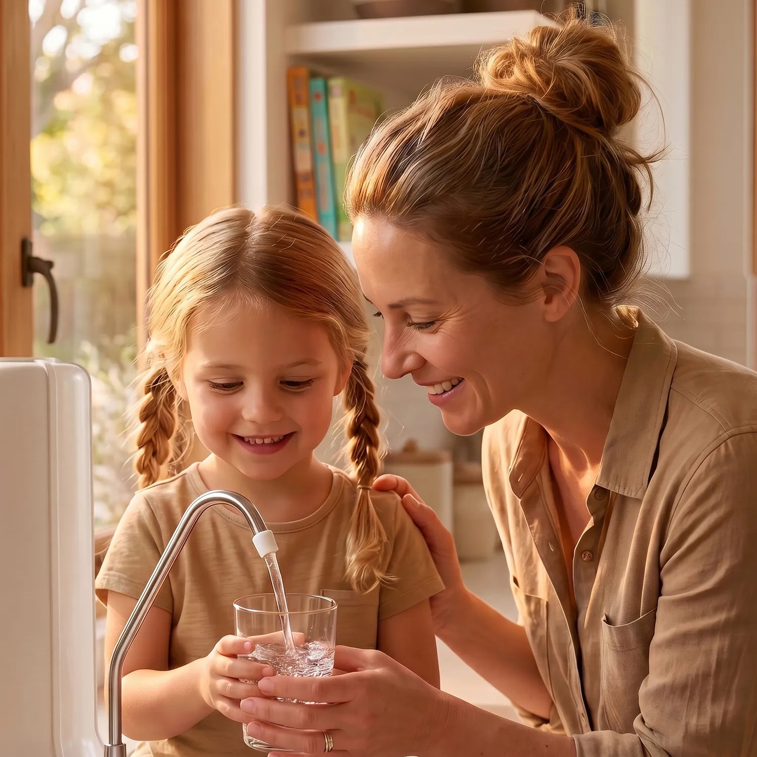 Mutter und Tochter halten gemeinsam ein Glas gefiltertes Wasser am Carbonit Sanuno Classic – warme Familienatmosphäre in heller Küche