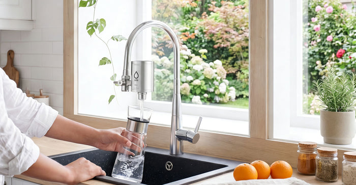 Hand befüllt Glaskaraffe direkt am Wasserhahn mit alb Nano Wasserhahnfilter in heller Küche mit Gartenblick